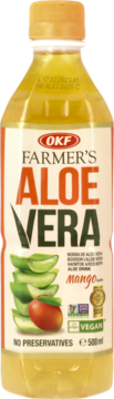 Przezroczysta butelka OKF Farmer's Aloe Vera Mango 500ml z żółtym napojem i etykietą z mango i aloesem.