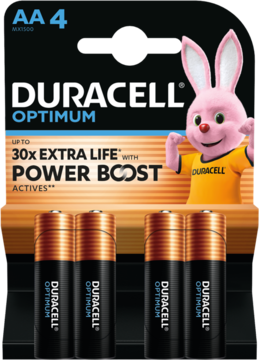 Opakowanie 4 baterii Duracell Optimum AA. Czarno-pomarańczowy blister z królikiem Duracella i napisem '30x EXTRA LIFE'. Widok z przodu.