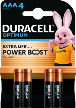Czarno-pomarańczowe opakowanie Duracell Optimum AAA 4 baterie, z różowym króliczkiem i napisem „Extra Life Power Boost”.