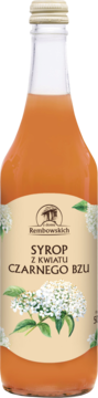 Syrop z kwiatu czarnego bzu Rembowskich w szklanej butelce. Bursztynowy płyn, beżowa etykieta z kwiatami bzu, widok z przodu.
