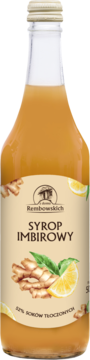 Aromatyczny syrop imbirowy Rodzina Rembowskich w szklanej butelce, widok z przodu, z etykietą imbirem i cytryną.