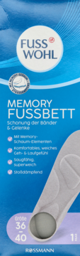 Niebiesko-fioletowe opakowanie wkładek Fuss Wohl Memory Fussbett, z szarą wkładką z pianki memory i logo Rossmann.