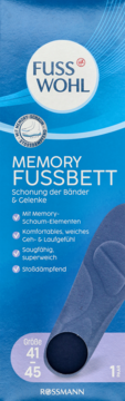 Niebieskie opakowanie wkładek Fuss Wohl Memory Fussbett z pianką memory, rozmiar 41-45, dla ochrony stawów.