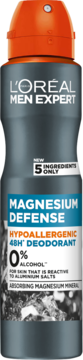 L'Oréal Men Expert Magnesium Defense hipoalergiczny dezodorant 48h, szara butelka, pomarańczowy korek.