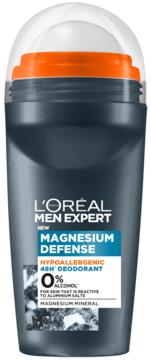 L'Oréal Men Expert Magnesium Defense, hipoalergiczny dezodorant roll-on 48h, szara butelka, widok z przodu.