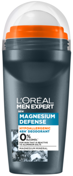 L'Oréal Men Expert Magnesium Defense, hipoalergiczny dezodorant roll-on 48h, szara butelka, widok z przodu.