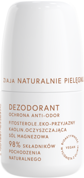 Biały dezodorant roll-on Ziaja Naturalnie Pielęgn ochrona anti-odor z kaolinem i solą magnezową, widok z przodu.