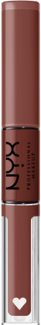 Dwustronna pomadka w płynie NYX Professional Makeup w odcieniu nude, z logo NYX i białym sercem, widok z przodu.