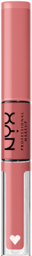Dwustronna pomadka w płynie NYX Professional Makeup, różowa, z logo i symbolem serca, widok z przodu.