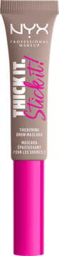 NYX Thick It. Stick It! pogrubiająca maskara do brwi w szaro-brązowej tubie z różową nakrętką, widok z przodu.