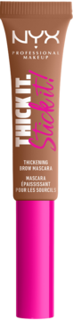 NYX Thick It. Stick it! zagęszczająca maskara do brwi w brązowej tubce z różową nakrętką, widok z przodu.