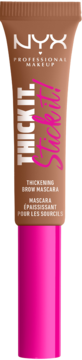 NYX Thick It. Stick it! zagęszczająca maskara do brwi w brązowej tubce z różową nakrętką, widok z przodu.