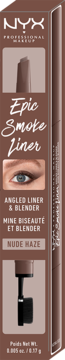 Pionowe opakowanie NYX Professional Makeup Epic Smoke Liner w odcieniu Nude Haze. Brązowe pudełko przedstawiające eyeliner i blender.