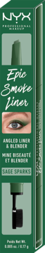 Zielone opakowanie NYX Epic Smoke Liner Angled & Blender w odcieniu Sage Sparks, widok z przodu.