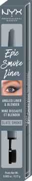 NYX Epic Smoke Liner w odcieniu Slate Smoke, szare pudełko z widokiem aplikatora i oka, widok z przodu.