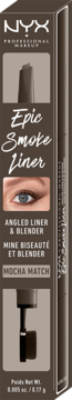 Standing brown box of NYX Epic Smoke Liner in Mocha Match, angled view, detailing its angled liner & blender.