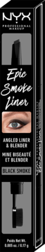Czarne pudełko NYX Epic Smoke Liner Black Smoke, z grafiką oka i napisem: "Angled Liner & Blender".