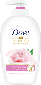 Biała butelka Dove Moisturising Hand Wash Peony & Rose Oil z różową pompką i ilustracją różowej piwonii, widok z przodu.