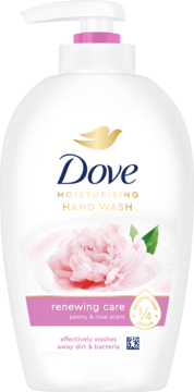 Białe mydło Dove Moisturising Renewing Care w butelce z pompką, z różową piwonią i napisem Peony & Rose Scent.
