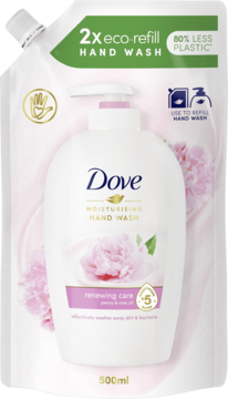 Biały eko-zapas mydła w płynie Dove Renewing Care 500ml, piwonia i róża, 80% mniej plastiku.