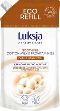 Luksja Creamy & Soft mydło w płynie Eco Refill, brązowo-biała saszetka z mleczkiem bawełnianym i B5.