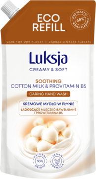 Luksja Creamy & Soft mydło w płynie Eco Refill, brązowo-biała saszetka z mleczkiem bawełnianym i B5.