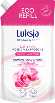Luksja Creamy & Soft mydło do rąk, eko-refill, róża i mleko, biało-różowy doypack z kwiatem, widok z przodu.