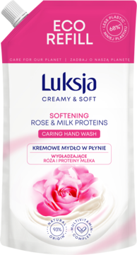 Luksja Creamy & Soft mydło do rąk, eko-refill, róża i mleko, biało-różowy doypack z kwiatem, widok z przodu.