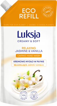 Pomarańczowo-biały wkład Luksja Creamy & Soft Jaśmin i Wanilia, kremowe mydło do rąk, widok z przodu.