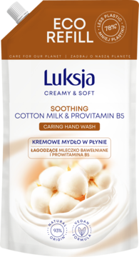 Luksja Creamy & Soft mydło w płynie Eco Refill, mleczko bawełniane, brązowa saszetka, widok z przodu.