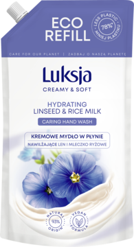 Luksja Creamy & Soft kremowe mydło w płynie Eco Refill, fioletowa saszetka z lnem i mlekiem ryżowym.