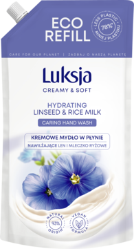 Luksja Creamy & Soft kremowe mydło w płynie Eco Refill, fioletowa saszetka z lnem i mlekiem ryżowym.
