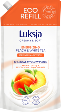 Luksja Creamy & Soft kremowe mydło Brzoskwinia i Biała Herbata w białej eko saszetce refill, z przodu.