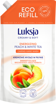 Luksja Creamy & Soft kremowe mydło Brzoskwinia i Biała Herbata w białej eko saszetce refill, z przodu.
