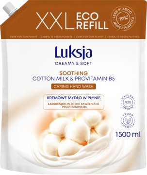 Luksja kremowe mydło do rąk XXL Eco Refill, 1500ml, mleczko bawełniane, w brązowo-białej saszetce.