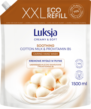 Luksja kremowe mydło do rąk XXL Eco Refill, 1500ml, mleczko bawełniane, w brązowo-białej saszetce.