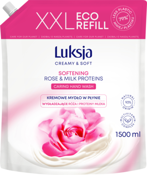 Różowy wkład uzupełniający Luksja Creamy & Soft mydło Rose & Milk Proteins 1500ml, widok z przodu.