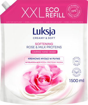 Różowy wkład uzupełniający Luksja Creamy & Soft mydło Rose & Milk Proteins 1500ml, widok z przodu.