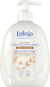 Mydło Luksja Creamy & Soft, mleczko bawełniane i prowitamina B5, biała butelka z pompką, widok z przodu.
