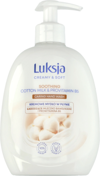 Mydło Luksja Creamy & Soft, mleczko bawełniane i prowitamina B5, biała butelka z pompką, widok z przodu.