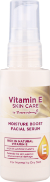 Superdrug Vitamin E Moisture Boost serum do twarzy, biała butelka z pompką, widok z przodu, skóra normalna-sucha.