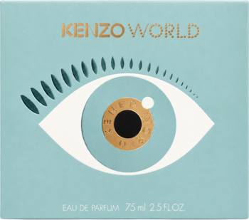 Kenzo World Eau de Parfum, front niebieskiego pudełka z białym okiem i złotą tęczówką, napis KENZO WORLD.