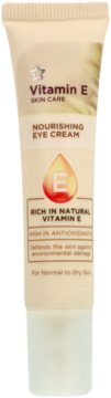 Beżowa tubka kremu pod oczy z witaminą E, z napisem NOURISHING EYE CREAM i kroplą, widok z przodu.