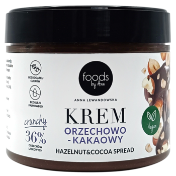 Foods by Ann krem orzechowo-kakaowy chrupiący, bez dodatku cukru, w przezroczystym słoiku, widok z przodu.