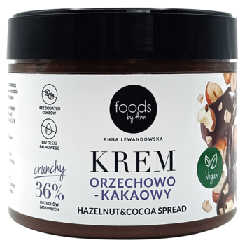 Foods by Ann krem orzechowo-kakaowy chrupiący, bez dodatku cukru, w przezroczystym słoiku, widok z przodu.