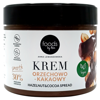 Krem orzechowo-kakaowy Foods by Ann w szklanym słoiku z czarną nakrętką. Bezglutenowy, wegański, bez cukru.