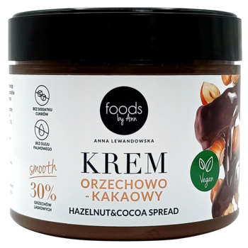 Krem orzechowo-kakaowy Foods by Ann w szklanym słoiku z czarną nakrętką. Bezglutenowy, wegański, bez cukru.