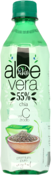 Zielona butelka napoju Aloe Vera reVito 55% z chia i witaminą C, widok z przodu, z grafiką aloesu i nasion chia.