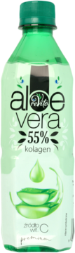 Zielona butelka napoju Aloe Vera Vita z 55% kolagenem i witaminą C, widok z przodu, biała etykieta.