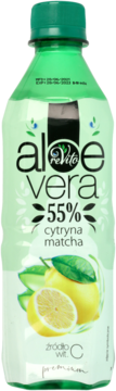 Butelka napoju Vita Aloe Vera 55% cytryna matcha, zielona zakrętka, etykieta z cytrynami, widok z przodu.
